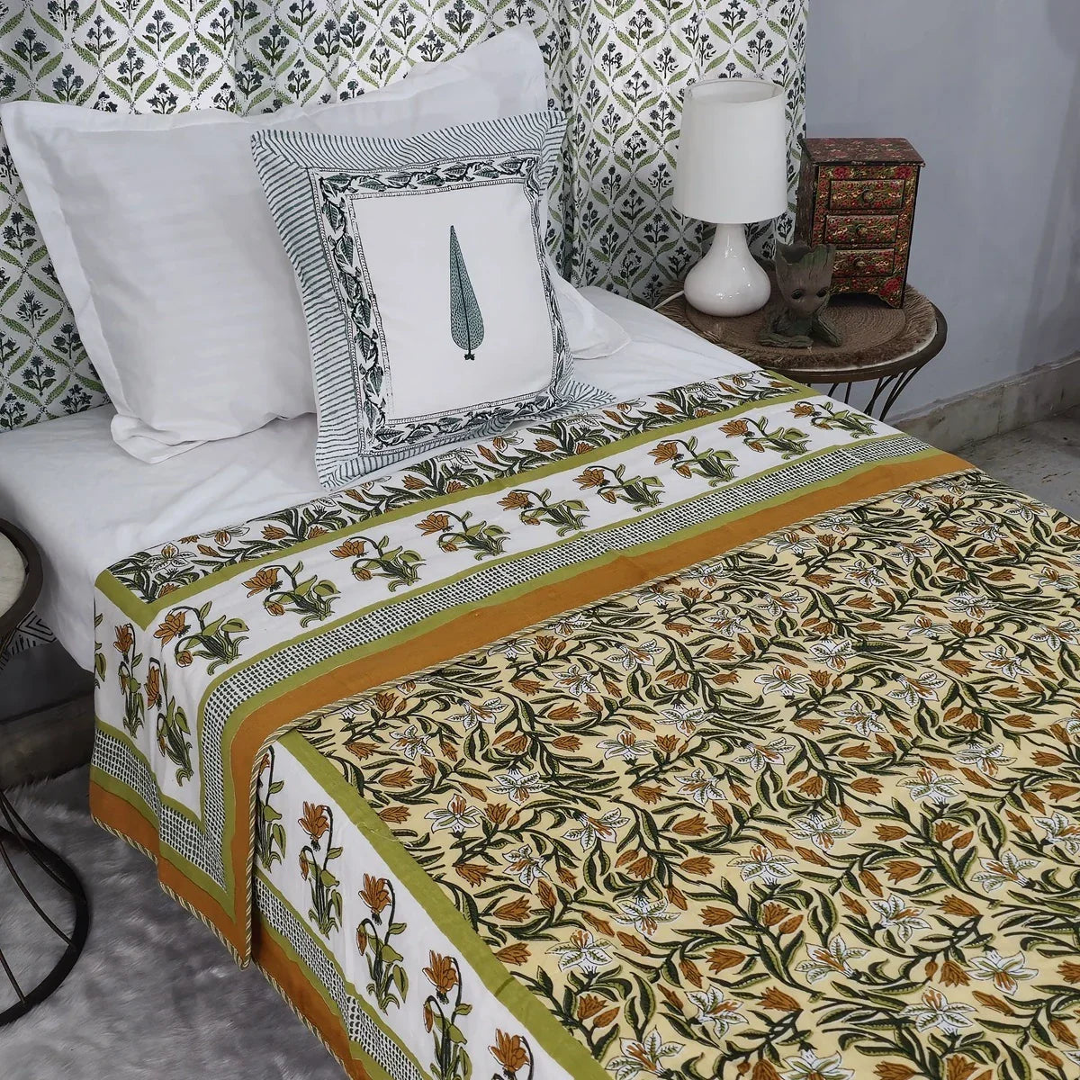 All Season Jaipuri Blanket | 100% Cotton | Block Print | Single Bed – Yellow Floral Buta (63X90 Inches)